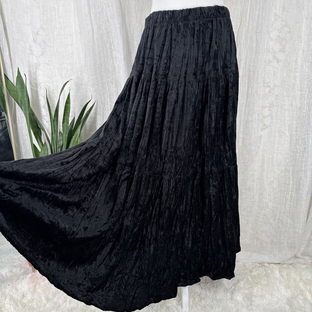 Black Crushed Velvet Tiered Maxi Skirt L Whimsigoth Witchy Fairy Grunge Vtg 90s